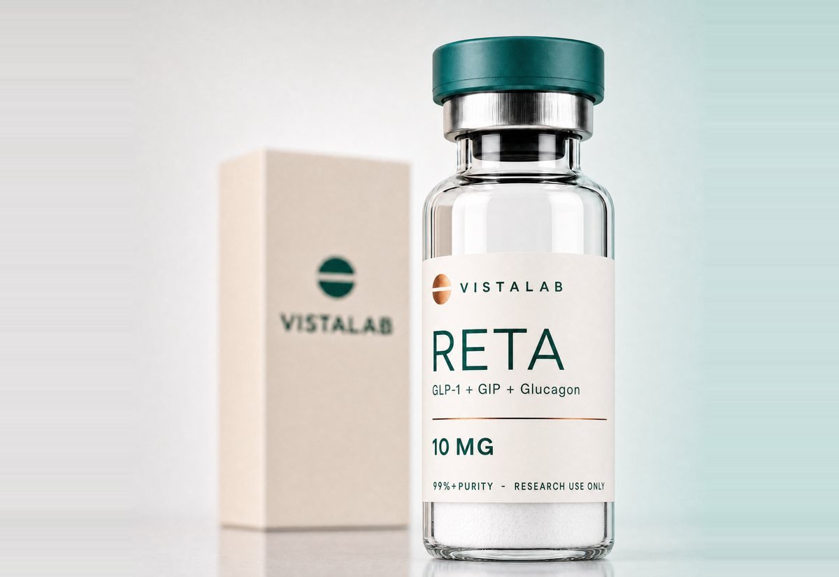 Fiolka VistaLab z liofilizatem Retatrutide 10 mg obok pudełka