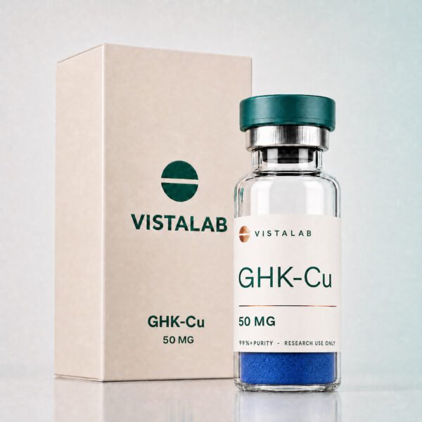 Fiolka z liofilizatem GHK-Cu i pudełko z logo VistaLab