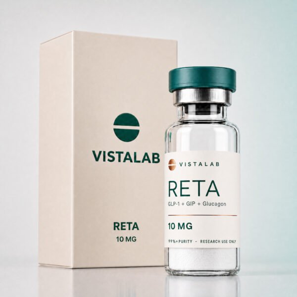 Fiolka z liofilizatem Retatrutide i pudełko z logo VistaLab