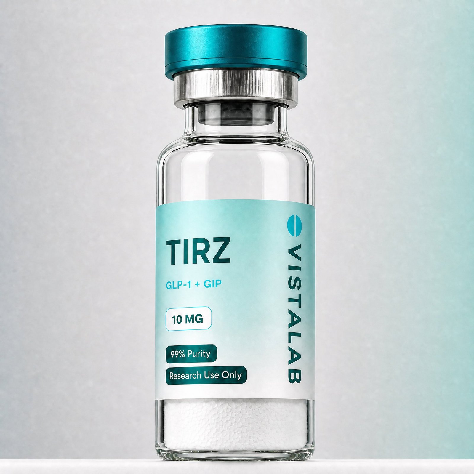 Fiolka z liofilizatem Tirzepatide, etykieta VistaLab