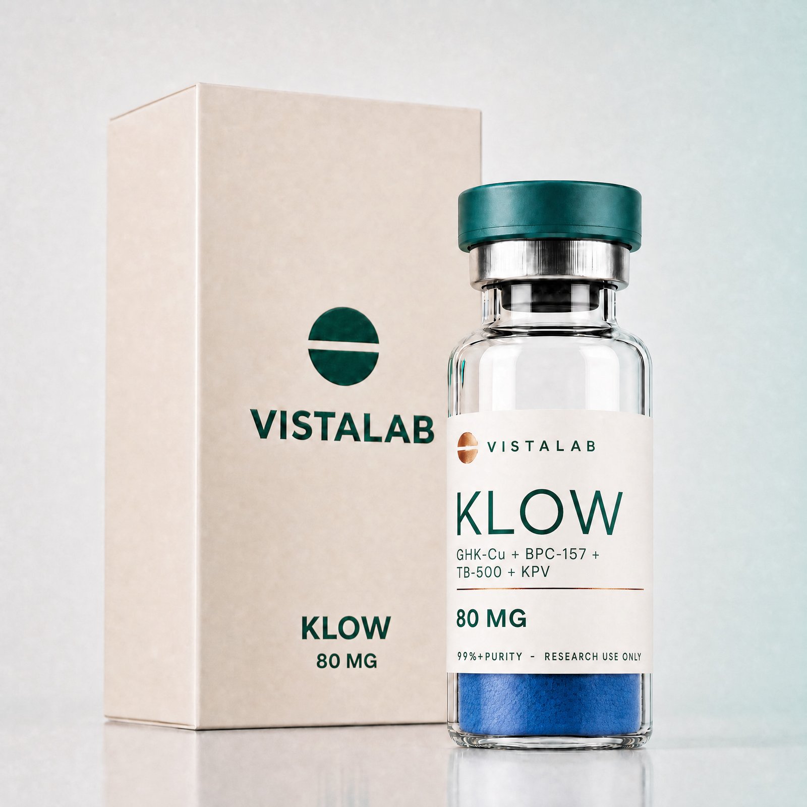 Fiolka z liofilizatem mieszanki KLOW 80 mg i pudełko z logo VistaLab