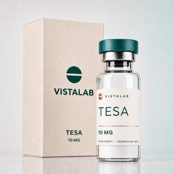 Fiolka z liofilizatem tesamoreliny 10 mg i pudełko z logo VistaLab